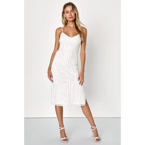 Lulus Alluring Interest White Sequin Embroidered Sleeveless Midi Dress - Size XS